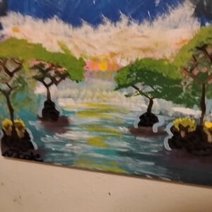 Ocean Sunset Nicole Serene River Landscape in Blue Green Yellow